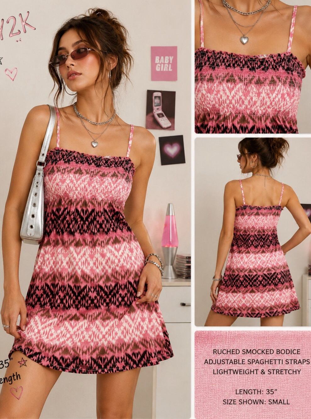 Y2K Mudd Smocked Cami Dress Size XL Pink Ikat Print Boho Indie Sleaze 2000s
